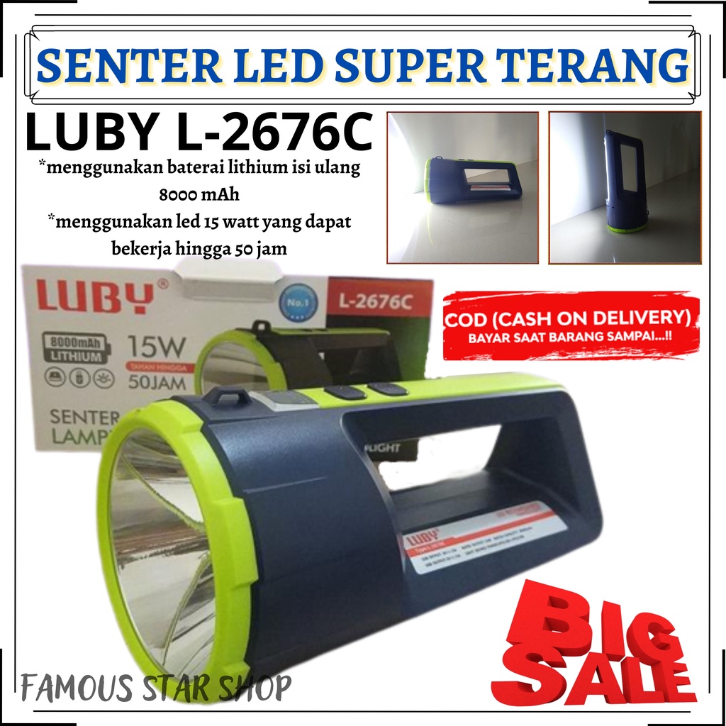 Senter LUBY LED (PROMO) Super Terang 2 in 1 L-2676C LED 15 Watt + 8000 mAh tahan hingga 50 jam + Light LED 25 SMD PUTIH Rechargeable 1000 Meter | FMS