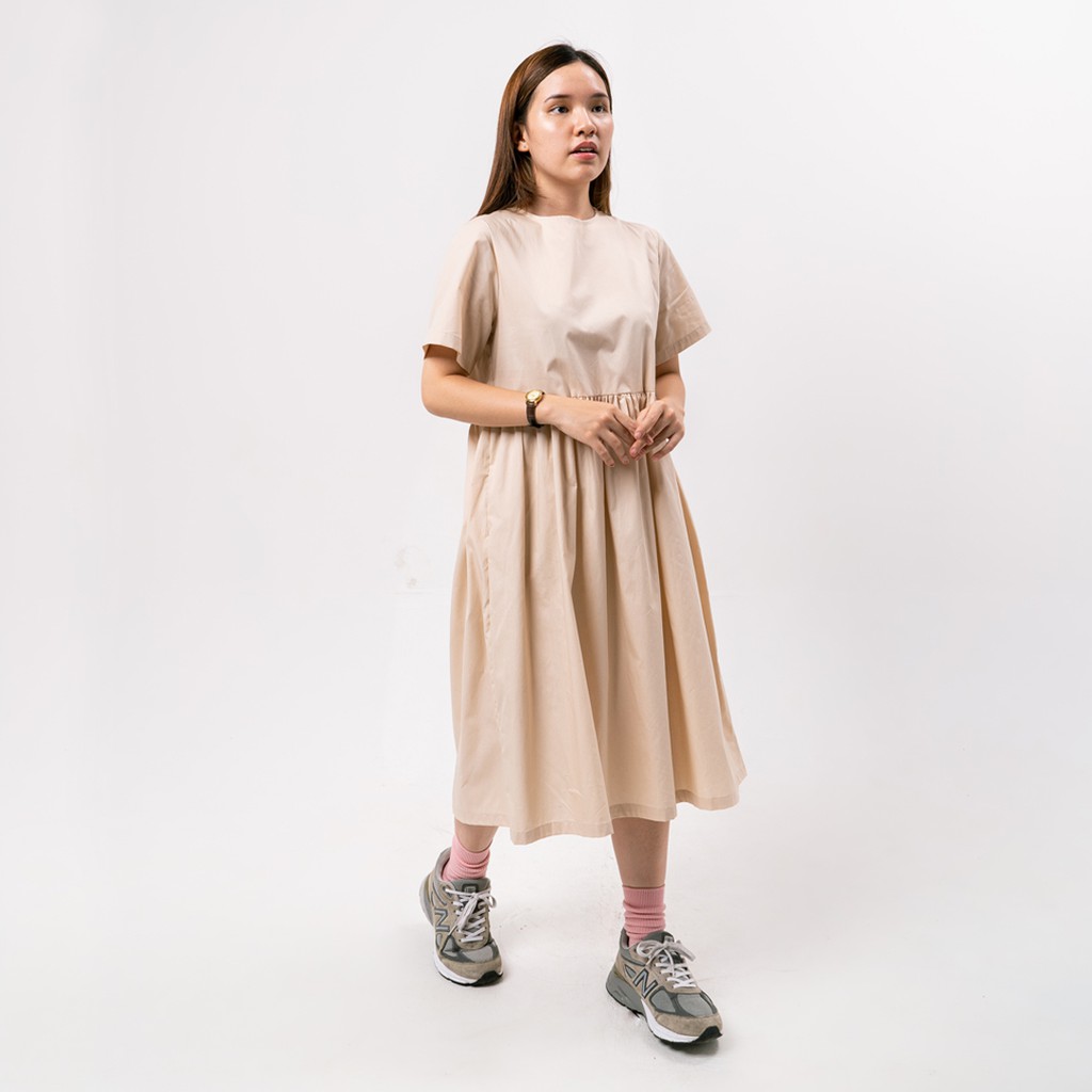 ANSSY - Midi Dress Katun Lengan Pendek - Beige