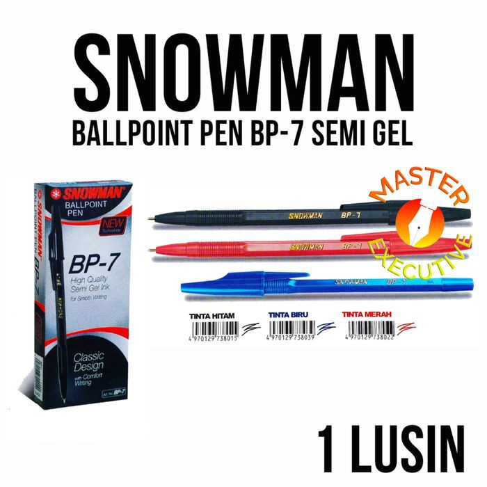 [Pak -12 Buah] Snowman BP-7 Ballpoint Pen Semi Gel 0.7 mm - Bolpen Sekolah Kantor Perusahaan Pulpen