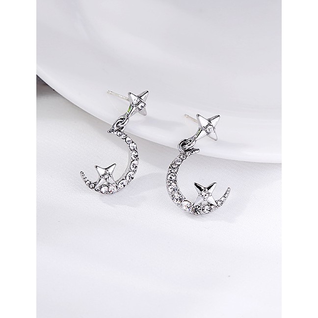 LRC Anting Tusuk Fashion Silver Diamond Star Moon Stud Earrings D82036