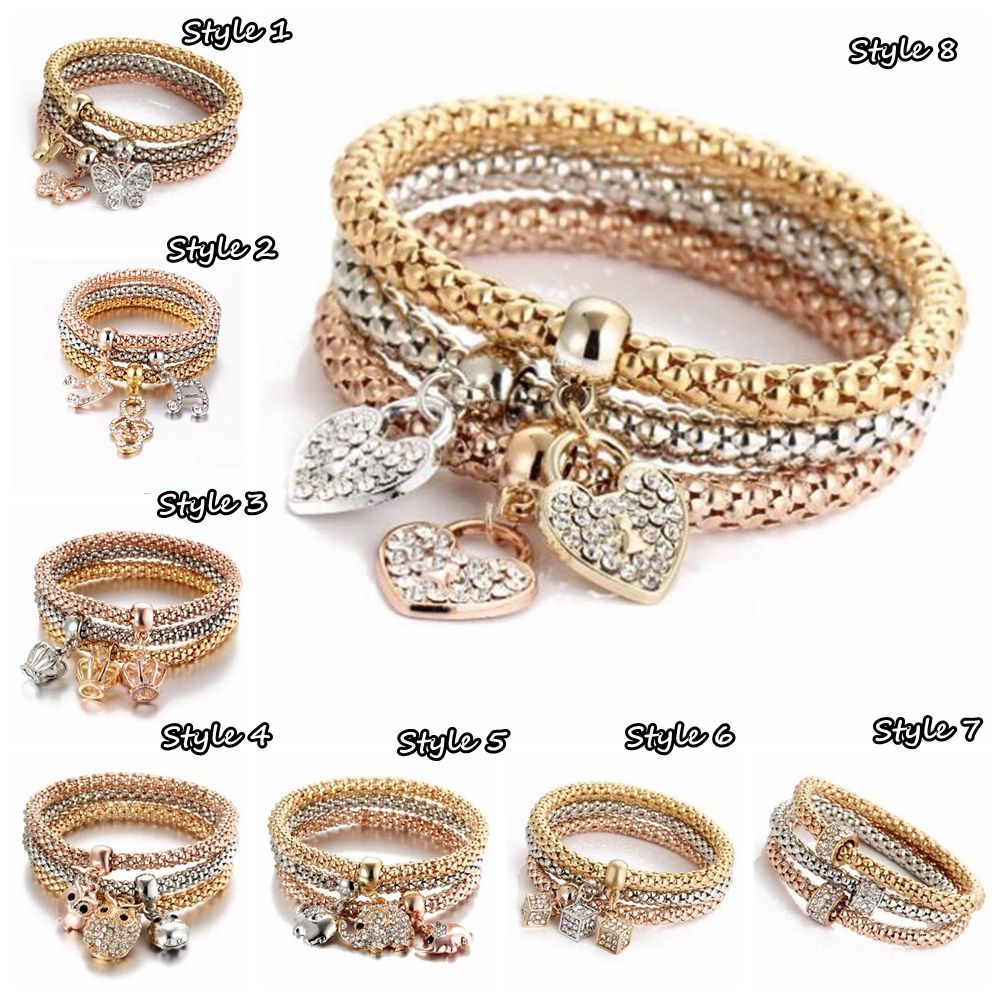 3pcs / Set Gelang Liontin Kupu-Kupu Aksen Kristal Berlian Imitasi Warna Emas Perak Untuk Pria Dan Wanita