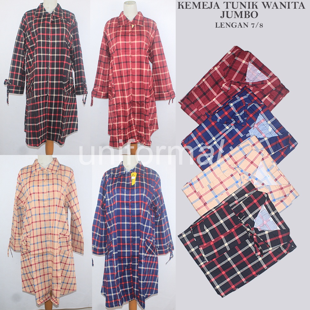 BLOUSE / TUNIK / KEMEJA WANITA / MOTIF KOTAK LENGAN 7/8 STANDAR DAN JUMBO / LONG TUNIC / MODEL TERBARU / BBERRY / TALI LENGAN / KEKINIAN / MURAH TERMURAH / Kemeja Panjang Wanita Casual / Hem kancing flow Rose / Tunik kyoko BBR kotak Square Bordir