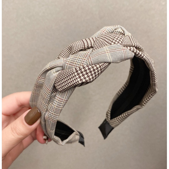 Bando Bandana Korea Wanita / Bando Simpul Kepang Tweed Kotak Polos Ade