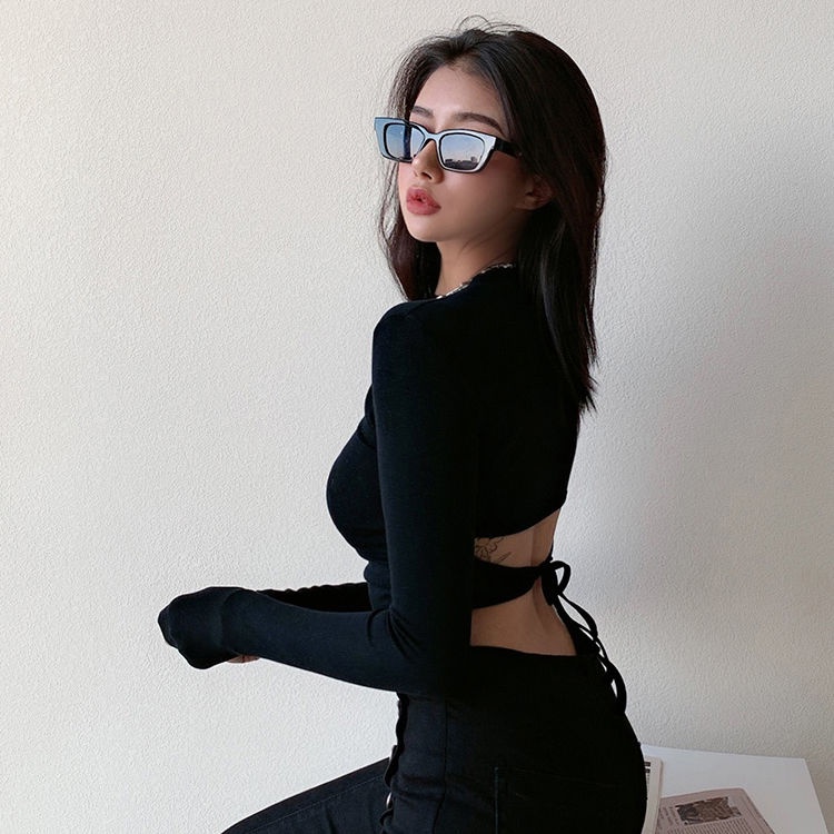 Suhao Musim Semi dan Musim Gugur Baru Gaya Korea T-shirt Wanita Lengan Panjang Seksi Pendek Legging Top