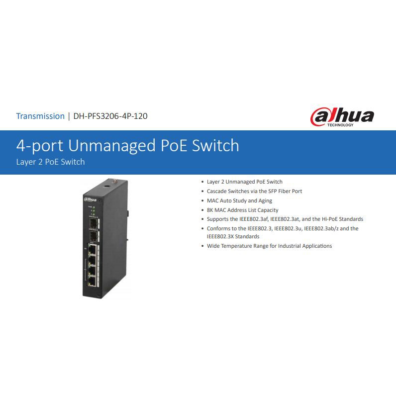 Dahua PoE Switches PFS3206-4P-120 4-port PoE switch-96W(Unmanaged)(Hi-PoE)