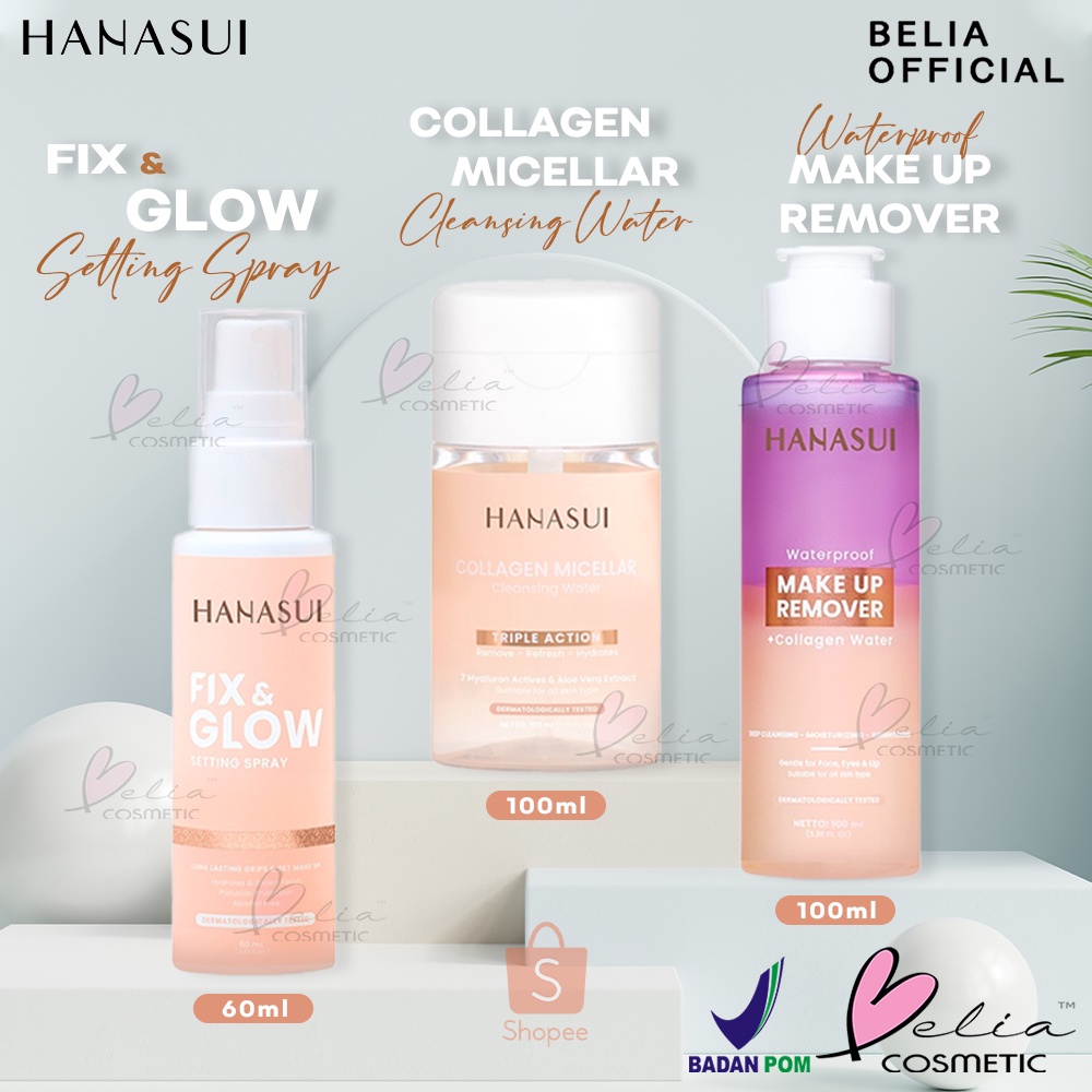 ❤ BELIA ❤ HANASUI Fix & Glow Setting Spray 60ML | Collagen Micellar Cleansing Water 100ml | Waterproof Make Up Remover 100ml | | BPOM