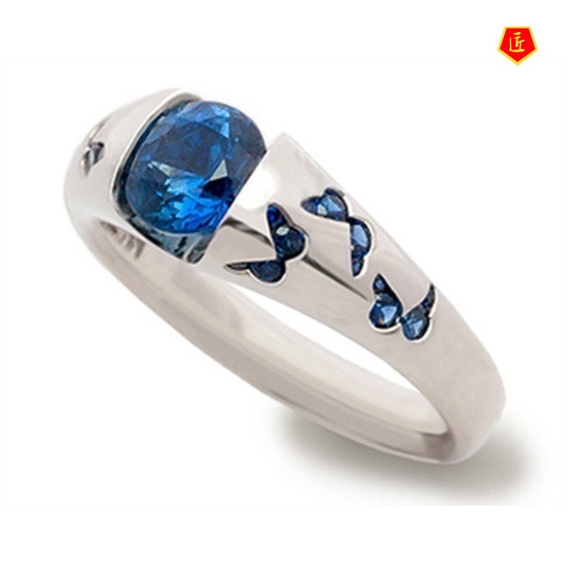 [Ready Stock]Elegant Personality Inlaid Sea Blue Butterfly Gem Ring