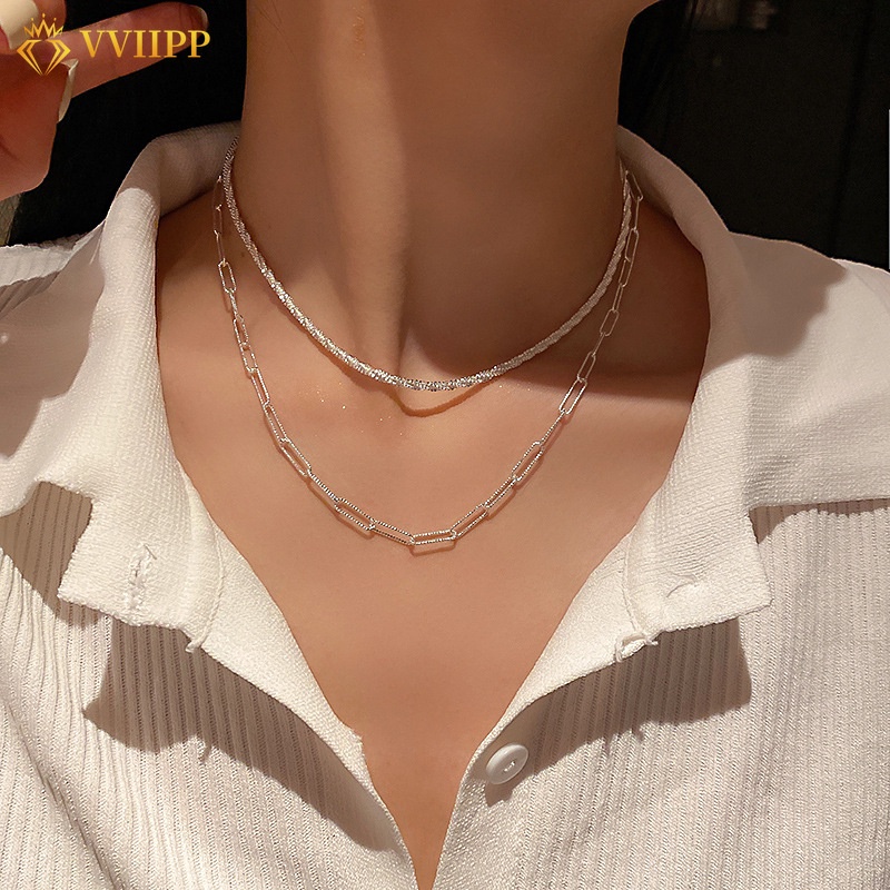 Kalung Choker Rantai Multilayer Warna Silver Gaya Retro Untuk Wanita