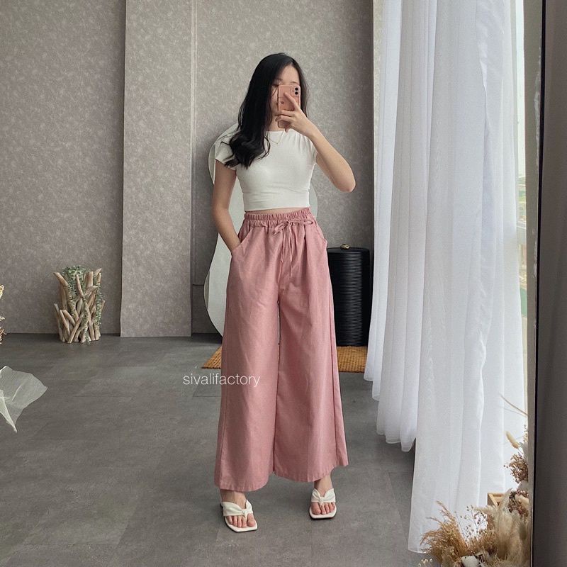 Celana kulot linen rami HIGHWAIST pinggang Full karet Ukuran allsize  tali pinggang