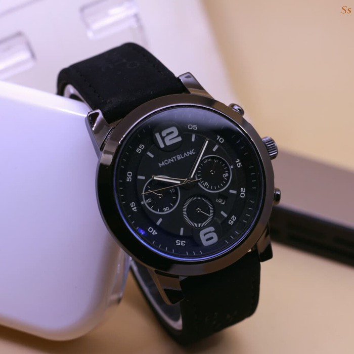 jam tangan MONTBLANC PRIA HITAM BLACK DENGAN STRAP KULIT