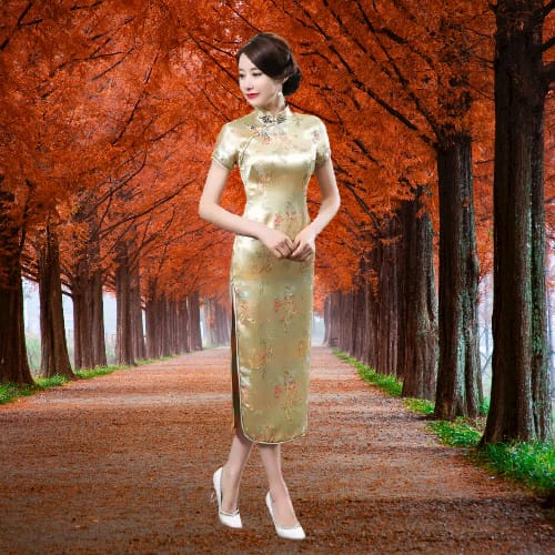 Qipao Long Dress Dragon Phoenix Gold Size Jumbo