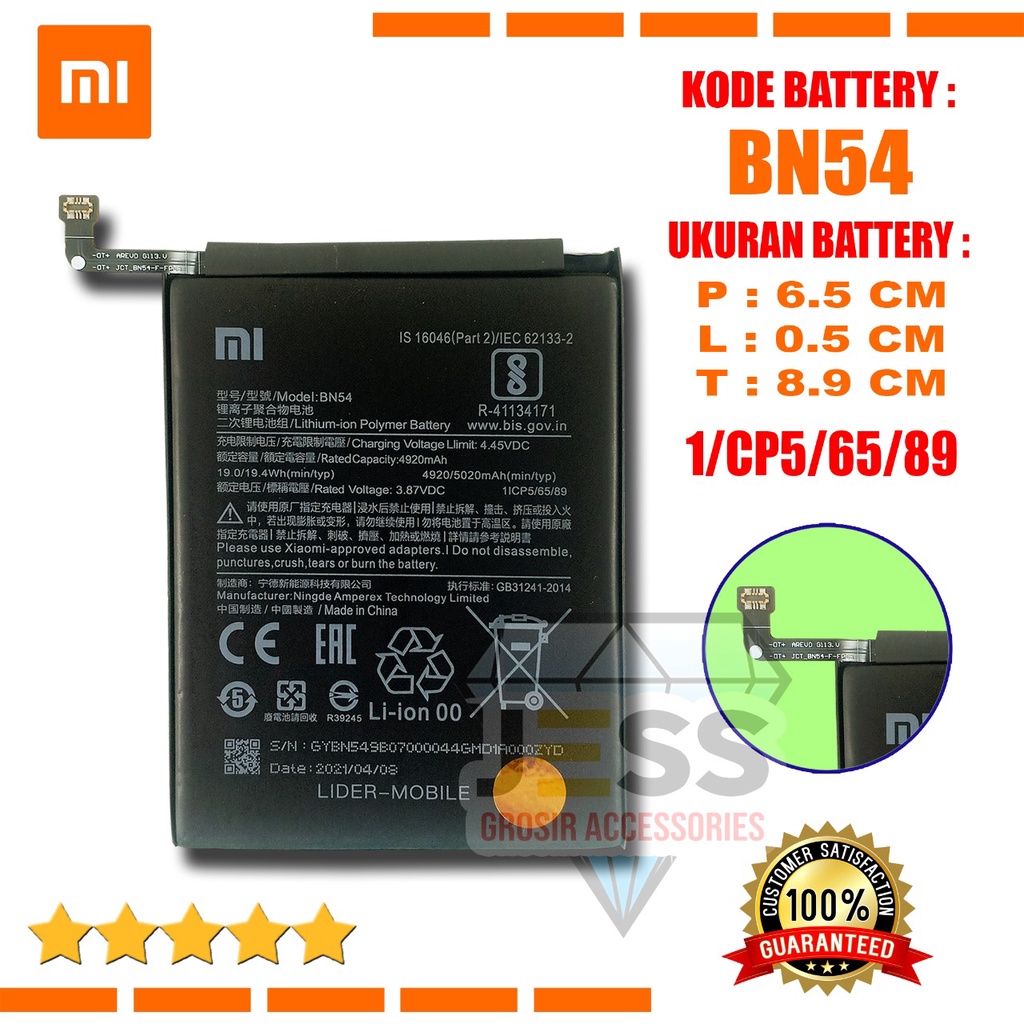 Baterai Battery Original Xiaomi Redmi 9 , Redmi Note 9 , Note 9 Pro , Redmi Note 10 Pro , BN54 BN-54