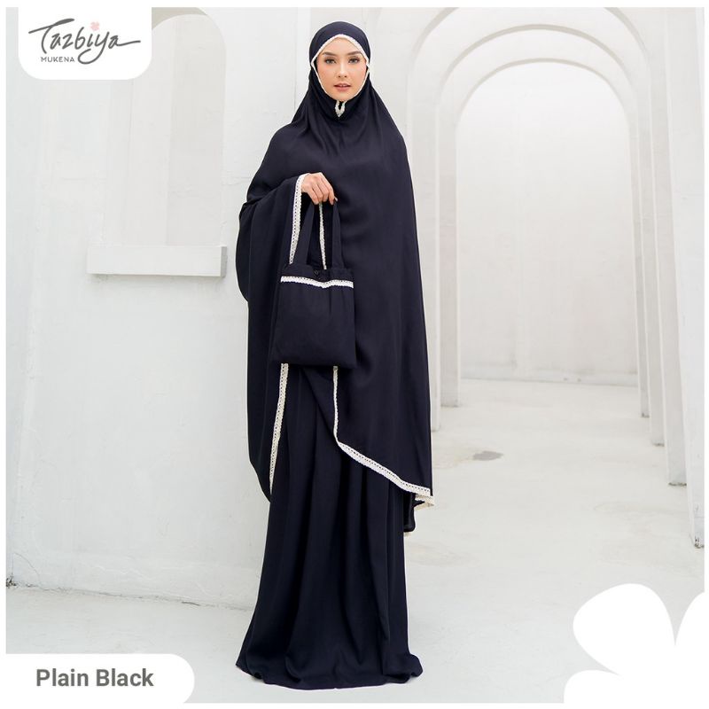 Mukena Tazbiya Plain Black Jumbo Dewasa Katun Rayon Adem Motif Cantik Treveling