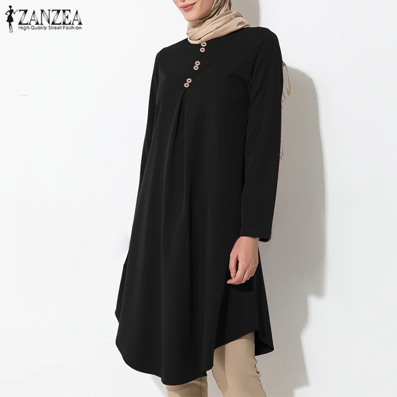 ZANZEA Women Long Sleeve Casual Solid Color Loose O Neck Muslim Blouse