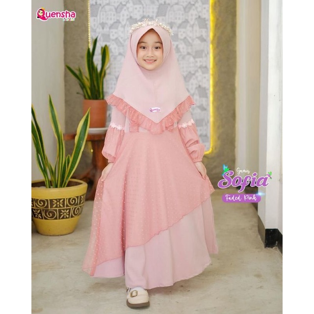 Quensha Baby Kids Gamis Anak Sofia Dress Set Hijab Kombinasi Kain Tile Doti Dan Torino Terlaris