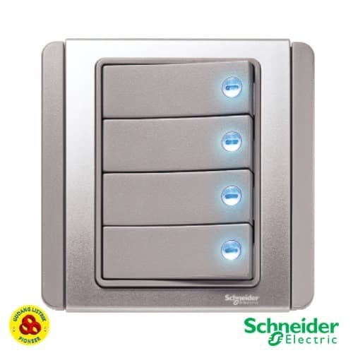 SCHNEIDER Saklar 4G NEO E3034H1 EBGS 4 Gang 1 Way Blue LED GREY SILVER