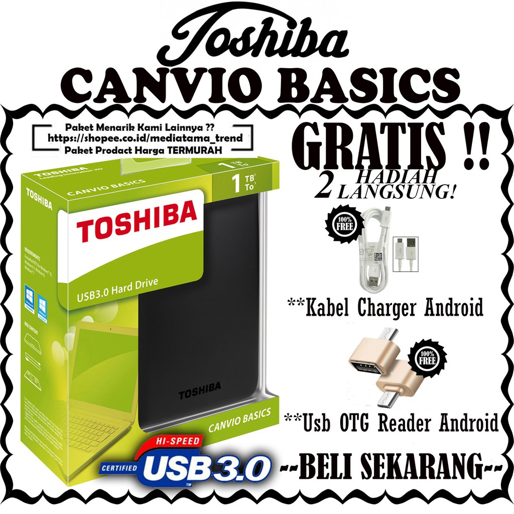 Harddisk Toshiba Canvio Basics 1TB - GRATIS 2 HADIAH Langsung!