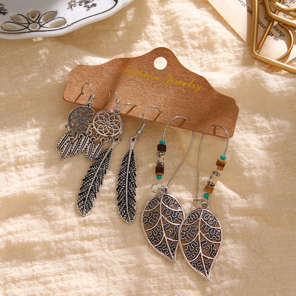 12pcs Set  Bohemian Earrings Set Ethnic Ladies Feather Sun and Moon Pendant Earrings Statement Women's Fashion Jewelry