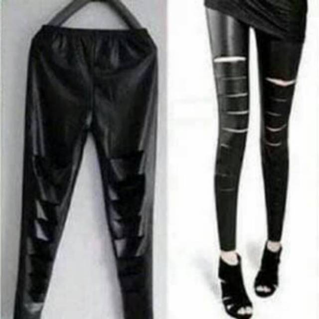  CELANA  WANITA LEGGING  KOREA LATEX SOBEK BANYAK TEMBUS 