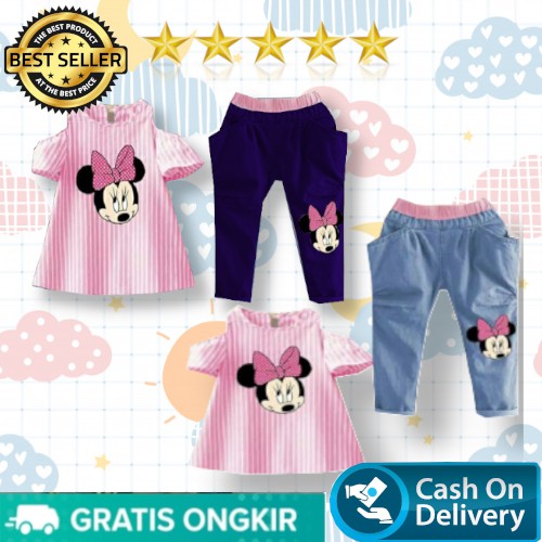 VISION ONLINE-[COD] STRIPY MINNIE PINKY/ SET BAJU ANAK PEREMPUAN MURAH 1-4 TAHUN ATASAN DAN BAWAHAN