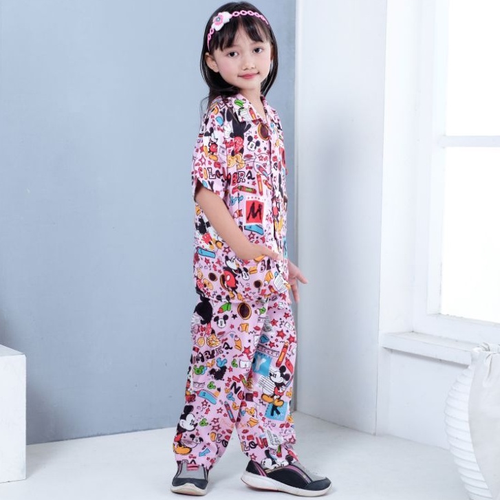 Oneset Anak Unisex Setelan Celana Setcel Rayon Anak Piyama Baju Tidur Anak Rayon Setelan Rayon Anak