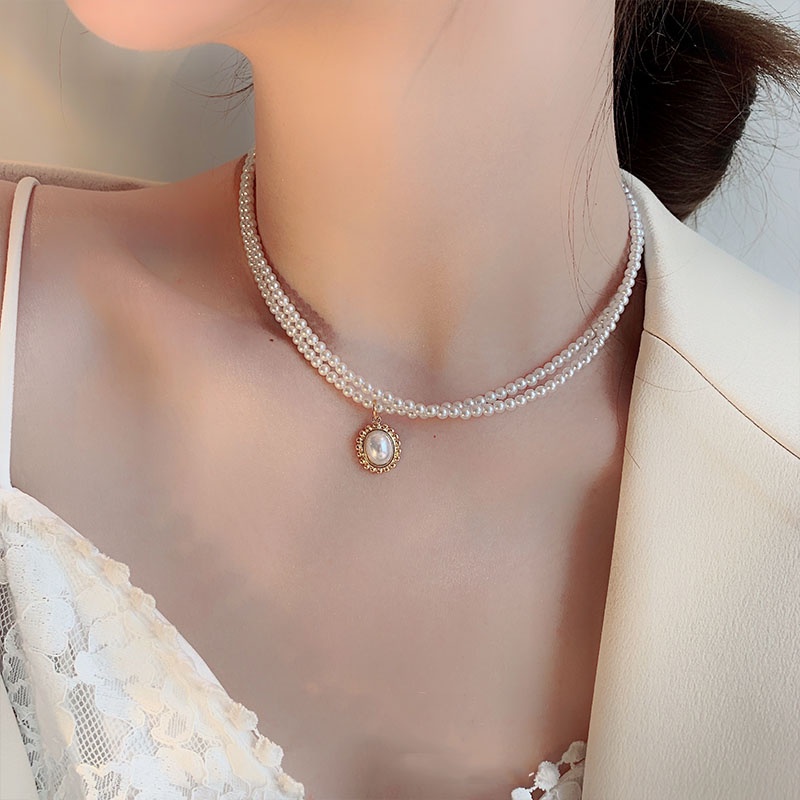 Roselife Baroque Retro Double Layer Pearl Beaded Pendant Short Necklace for Women Girls