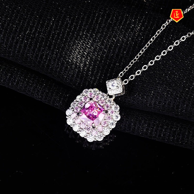 [Ready Stock]Pink Square Diamond Group Inlaid Zircon Colored Gems Pendant Women's Fashion All-Matching