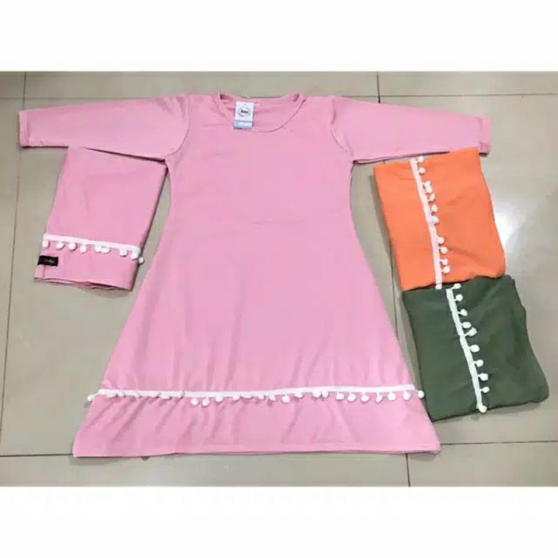 Gamis bayi + hijab pompom/ gamis anak perempuan dress bayi + hijab bahan lebar