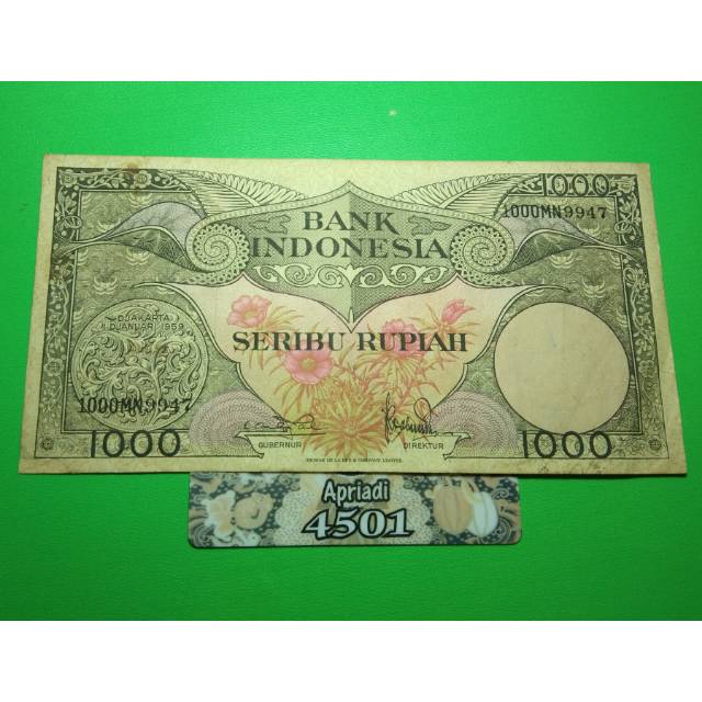 UK117 UANG KUNO ASLI 1000 RUPIAH SERI BUNGA/BURUNG TAHUN1959 UANG KERTAS LAMA MAHAR NIKAH #XF47
