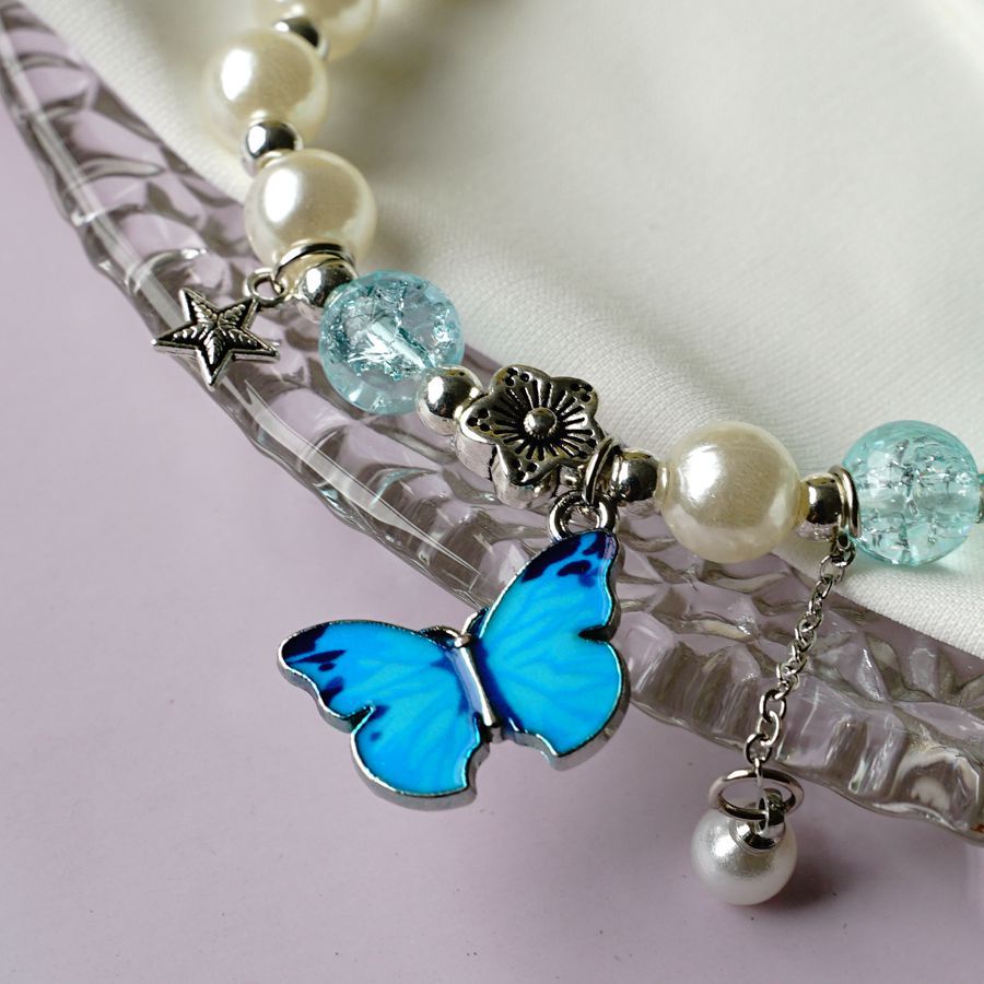 Lovely Crystal Beads Butterfly Charm Fortune Bracelet for Women Girls Wrist Chain Bangle Jewelry