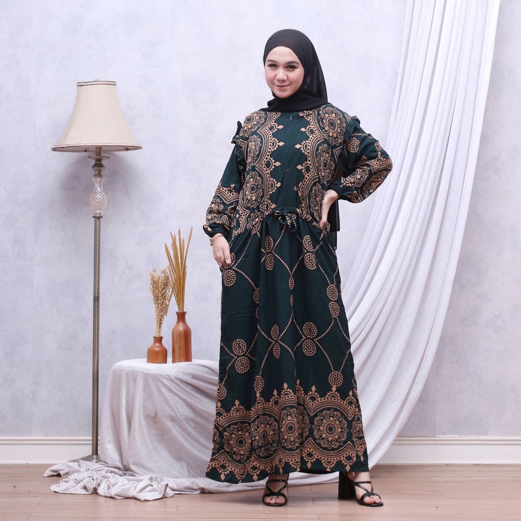 Gamis Sultan Gamis Rayon Premium Dress Wanita Lengan Karet Dress Fashion Kekinian Muslim Kekinian LD 110 cm