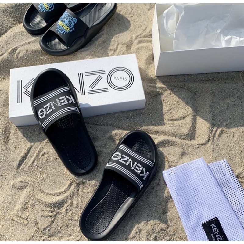 KENZ0 SLIDES SLIPPERS BLACK FONT WHITE