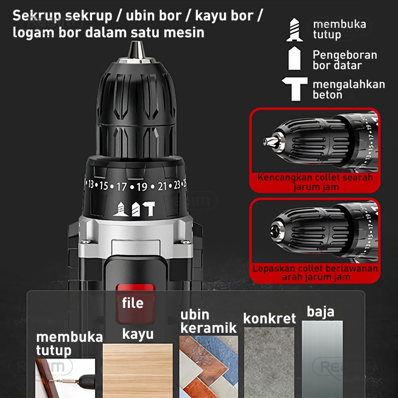 Reaim 399VF Mesin Bor Impact Drill / Bor baterai / Bor Tanpa Kabel / Bor Listrik 108Vf / Bor Listrik Set / Bor Tangan Listrik / Bor baterai