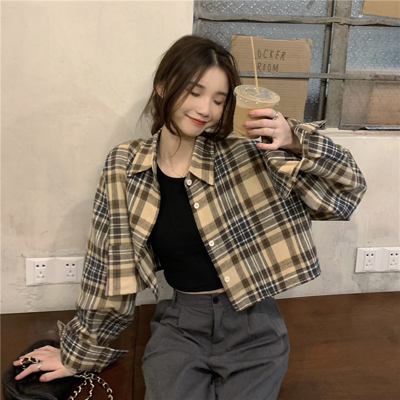 Crop Top Kemeja Kotak-kotak Lengan Panjang Wanita Blouse Korean Style Shirt Baju Atasan Import Casual