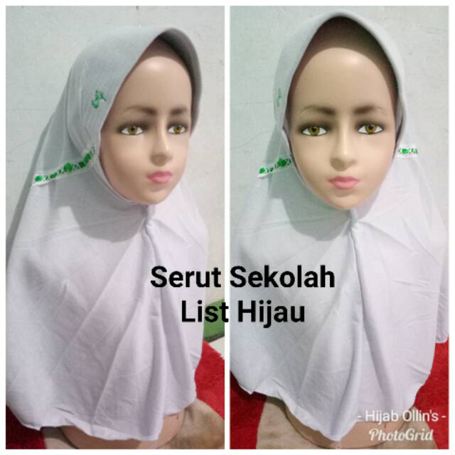Jilbab Anak Kerudung Rabani Kw Sekolah Serut Putih List Hijau SD Tk Ukuran M