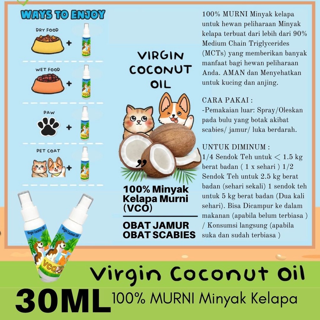 VIRGIN COCONUT OIL 30ml MINYAK KELAPA MURNI VCO MURNI OBAT JAMUR OBAT SCABIES KUCING OBAT BULU HEWAN