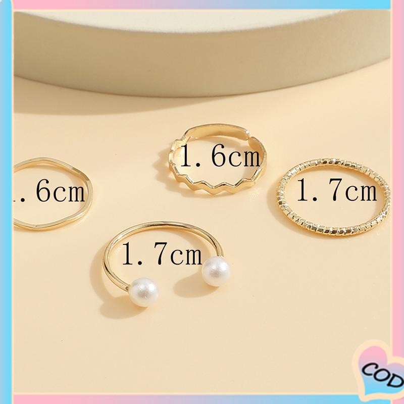 COD❤️ 4 Pcs/set Korea Cincin Emas Untuk Wanita Sederhana Mutiara Elegan Cincin Set Dapat Disesuaikan Terbuka Perhiasan Hadiah-A.one