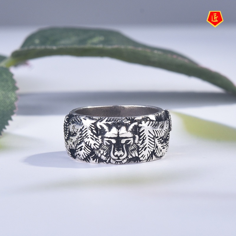 [Ready Stock]Silver Creative Carving Wolf Ring Simple Domineering