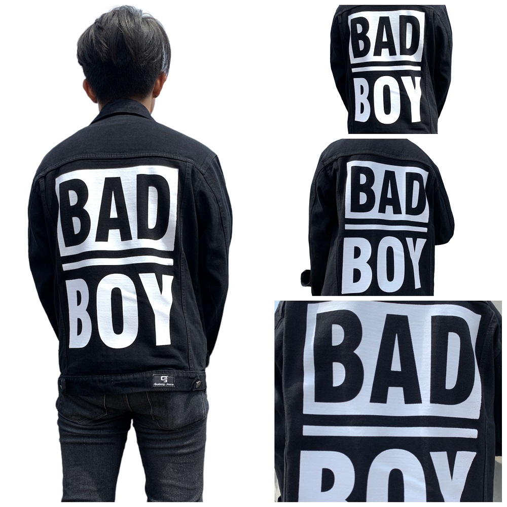 Jaket jeans pria - bahan denim premium - sablon printing belakang bad boy