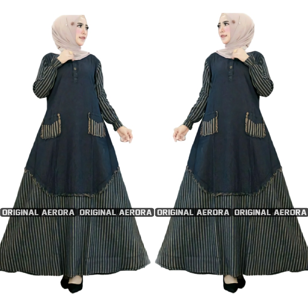 Baju Gamis Dewasa Jeans Jins Denim Wanita Terbaru 2023 Dress Modern Busui Motif Unik Premium Kekinian Ld 110 P 137 Cordela Maxy Allsize