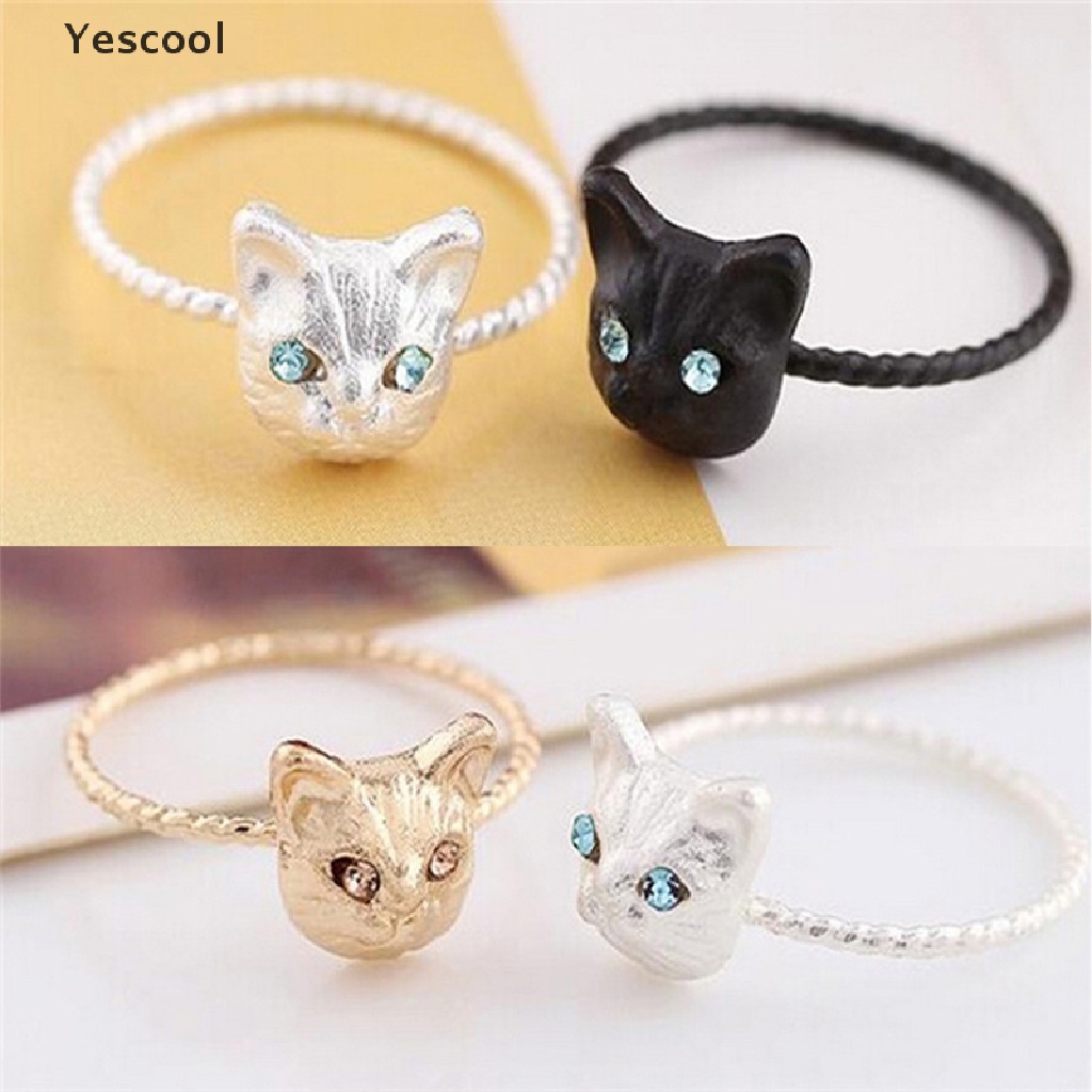 Yes 1Pc Cincin Bentuk Kucing Mini Aksen Berlian Imitasi Warna Goldsilverhitam Untuk Wanita