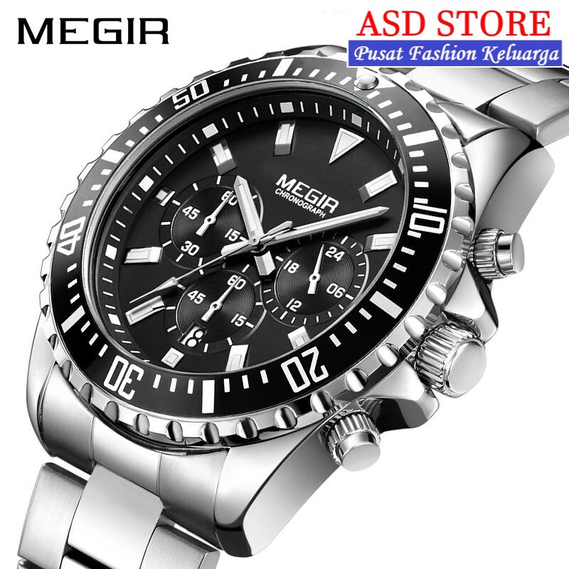 • ASD STORE ™ • MEGIR 2064 Jam Tangan Pria Tali Stainless Steel Crono Aktif