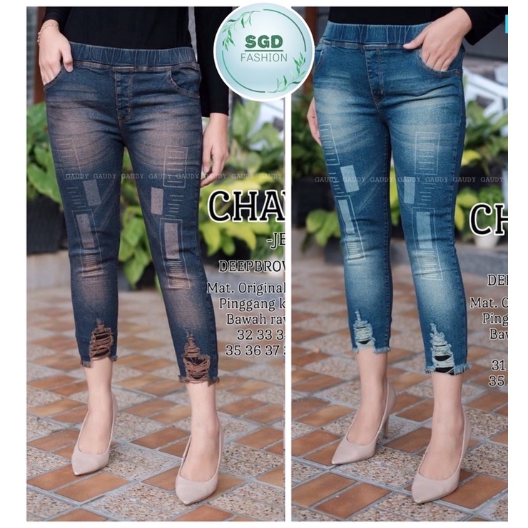 (28-38)CHAVA JEANS|CELANA JEGGING JEANS 7/9 APLIKASI SABLON