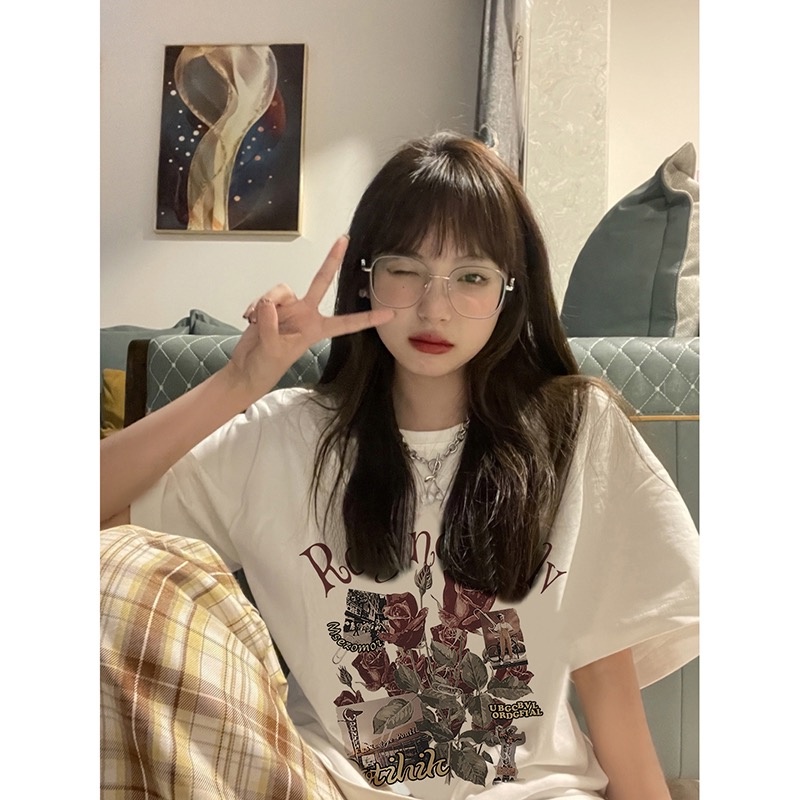 atasan wanita retro lengan pendek t shirt atasan warna putih korean style kaos oversize