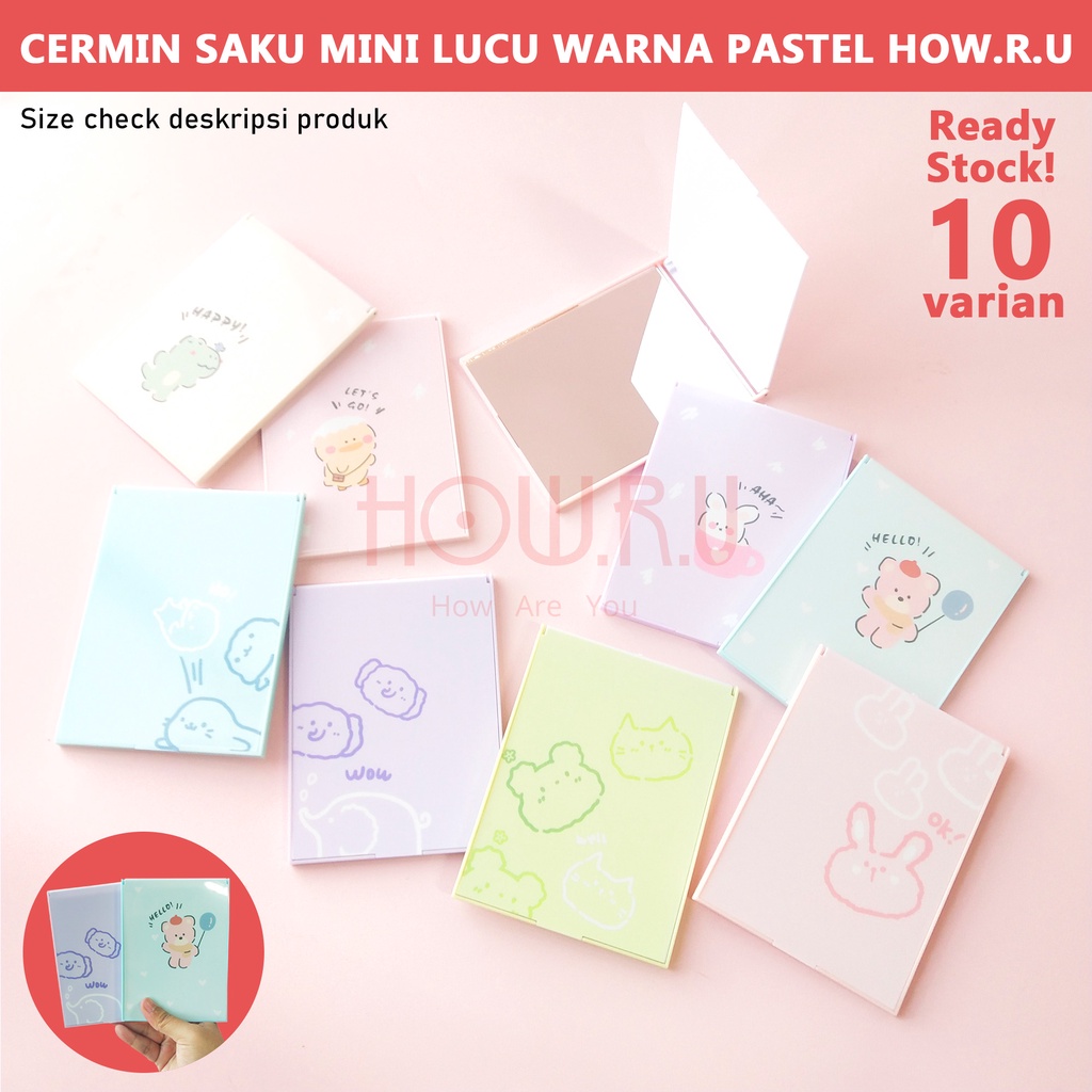 HOW.R.U | 13 x 10 cm - Cermin Lipat / Cermin Saku Korean Style Warna Pastel Motif Karakter Lucu