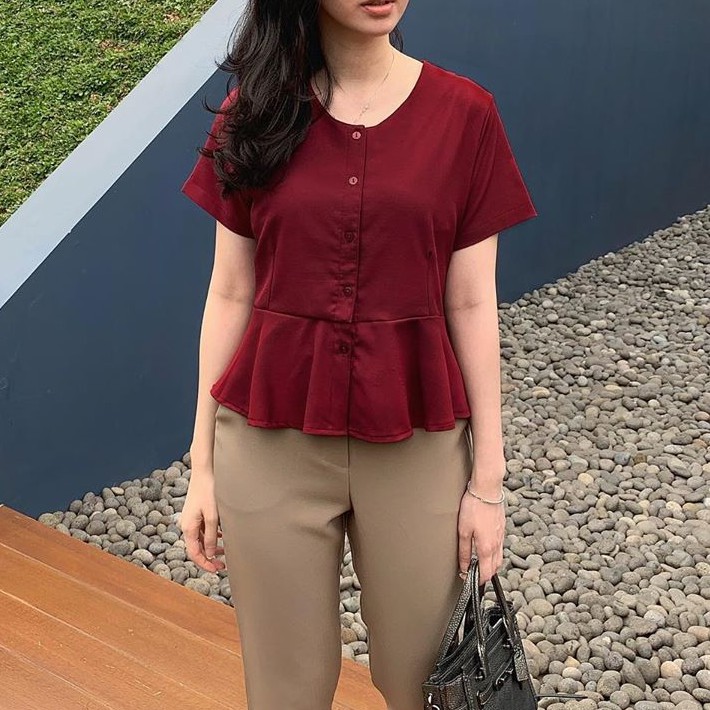 8FA - 716 SABRINA Blus Korean Pendek / Model Blouse Wanita Leher V  Moscrape 3 Warna Kekinian-Maron