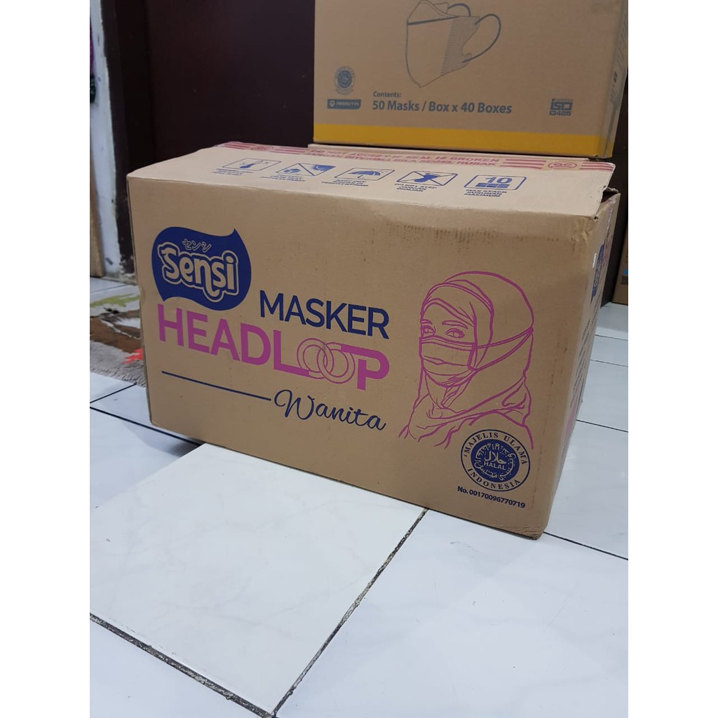 Masker Sensi Headloop Wanita / Hijab Motif 3 Ply isi 40 / Masker Medis