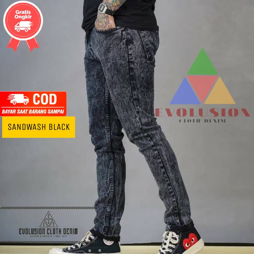 [COD} Promo Celana Jeans Sobek Lutut Pria Snow Black Sandwash Acid Ripped Premium