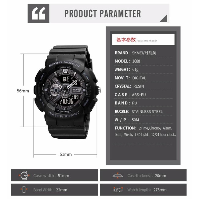 Jam Tangan SKMEI 1688 Fashion Digital Watch Men Shockproof Waterproof Dual Wristwatches LED Chrono