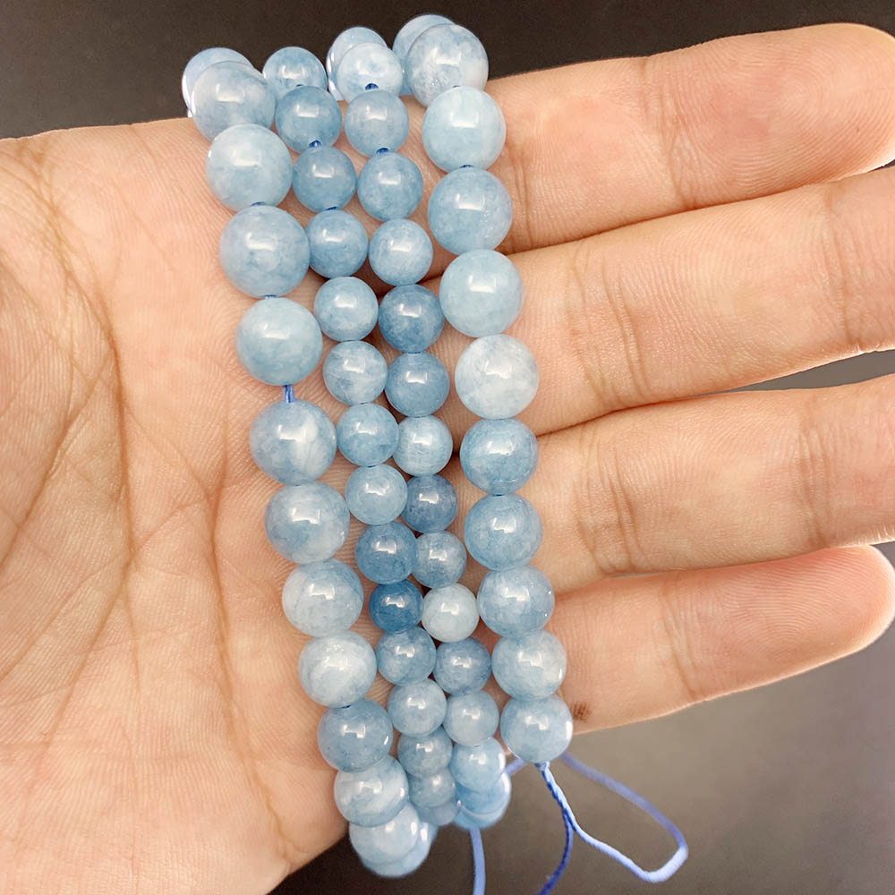 1 Untai Manik-Manik Batu Aquamarine Bulat Kuarsa Sky Blue Ukuran 4 - 10mm Untuk Membuat Perhiasan Diy